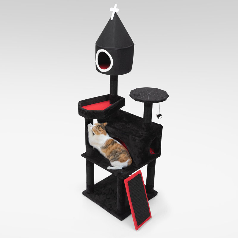 64-Inch Gothic Black and Red Cat Tree Tower with Sisal Scratching Post