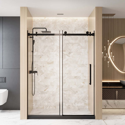 Porte de douche coulissante simple sans cadre l 48 po x H 76 po, verre trempé transparent de 1/4 po (6 mm), film antidéflagrant, rail tubulaire carré en acier inoxydable, noir mat