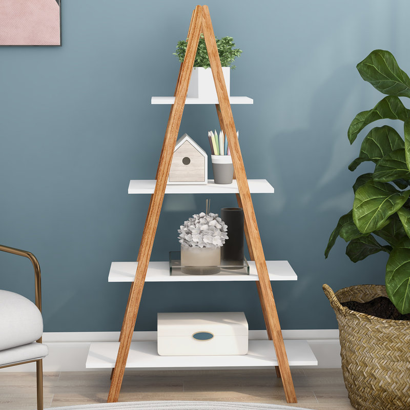 Solid Bamboo Wood Oxford A-Frame Ladder Display Bookshelf with Durable E1 MDF Shelves, Ideal for Home and Office Use