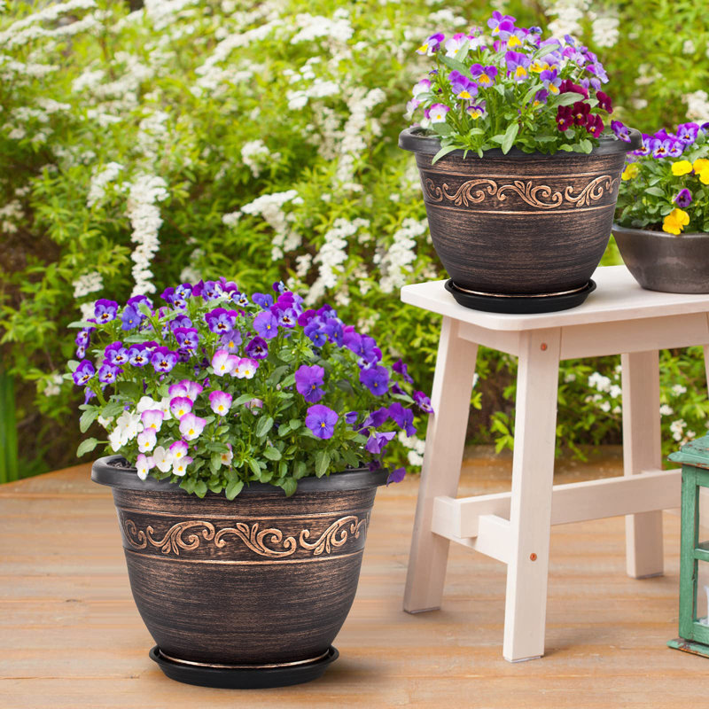Plastic Flower Planters with Drainage Hole and Saucer, 11.2" H x 16" W x 16" D
