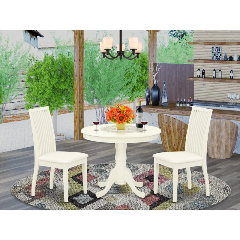 Benita - Rubberwood Solid Wood Dining Set, Linen White (Off-White), 3 Pieces: 1 Table, 2 Chairs