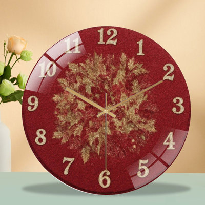 Red-Glitter-Clock-Gold-Wreath Art - 12‘’ Modern Glass Wall Clock