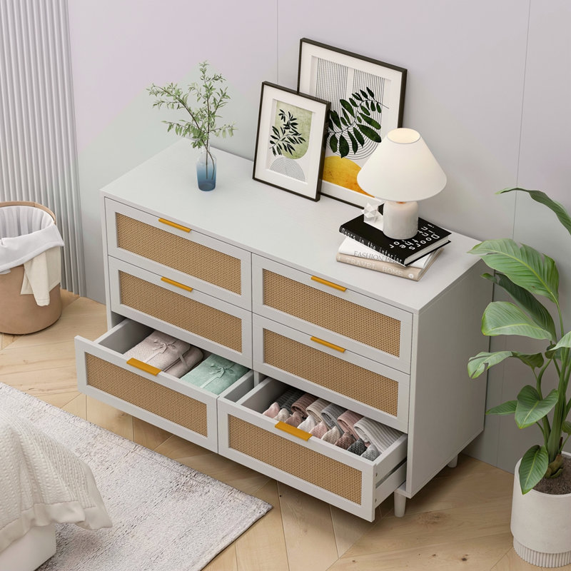 43,31 po, armoire de rangement à 6 tiroirs en rotin, pour chambre à coucher et salon, H 29,63 po x l 43,41 po x P 15,85 po