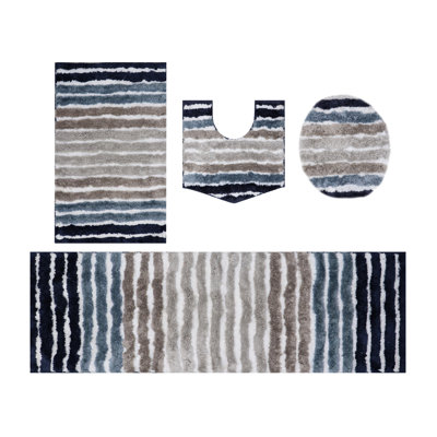 Ensemble de 4 tapis de salle de bain, tapis en microfibre ultra doux avec couvercle, tapis contour, tapis de bain et tapis de couloir, antidérapant, absorbant, séchage rapide, lavable à la machine - 18 x 18, 20 x 20, 20 x 32, 21 x 54 bleu marine