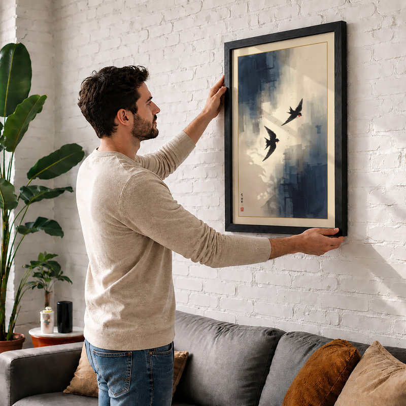 Birds in Morning Mist Japandi - Framed Print, Unframed, A2 - 59.4 x 42.0 cm