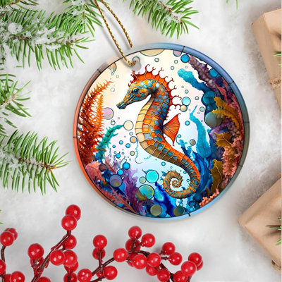 Christmas Ornament, Christmas Decoration, Holiday Present Idea, Heirloom Keepsake, Round Ceramic, Gift Exchange, Gift Idea, Sea Horse