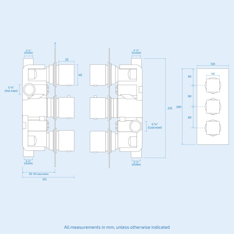Cameo Modern Square 3 Dial 2 Outlet Concealed Shower Valve - Chrome