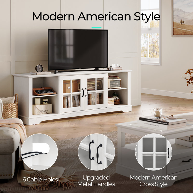 White MDF and Glass TV Stand with Cabinets for 75" TVs