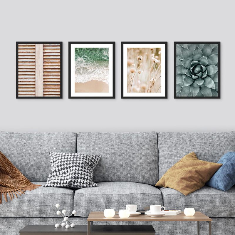 «Teal Ocean Beach Desert Succulent Decor Calm», impression sur papier 4 pièces, Noir, H 16 po x l 12 po