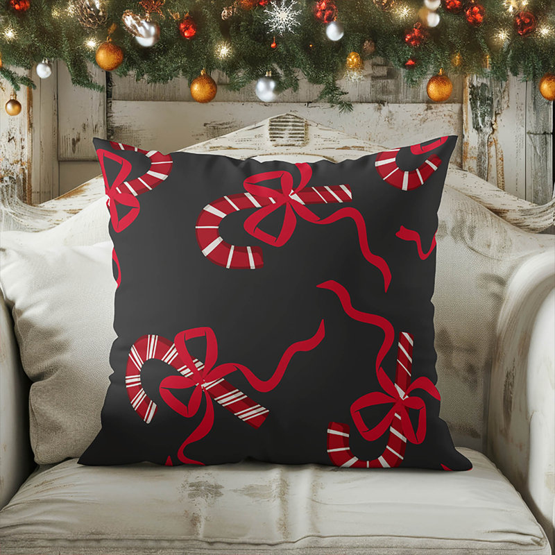 Coussin décoratif Candycanes & Bows, H 16 po x l 16 po, Noir