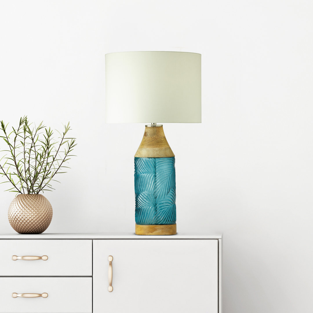 26"H Ajami Palm Leaf Glass Design and Mango Wood Table Lamp Bayou Breeze Base 