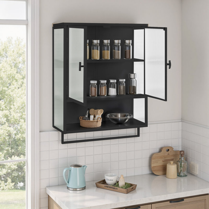 Larock Glass+Metal Wall-mounted Bathroom Cabinet,Wall Cabinet, Black
