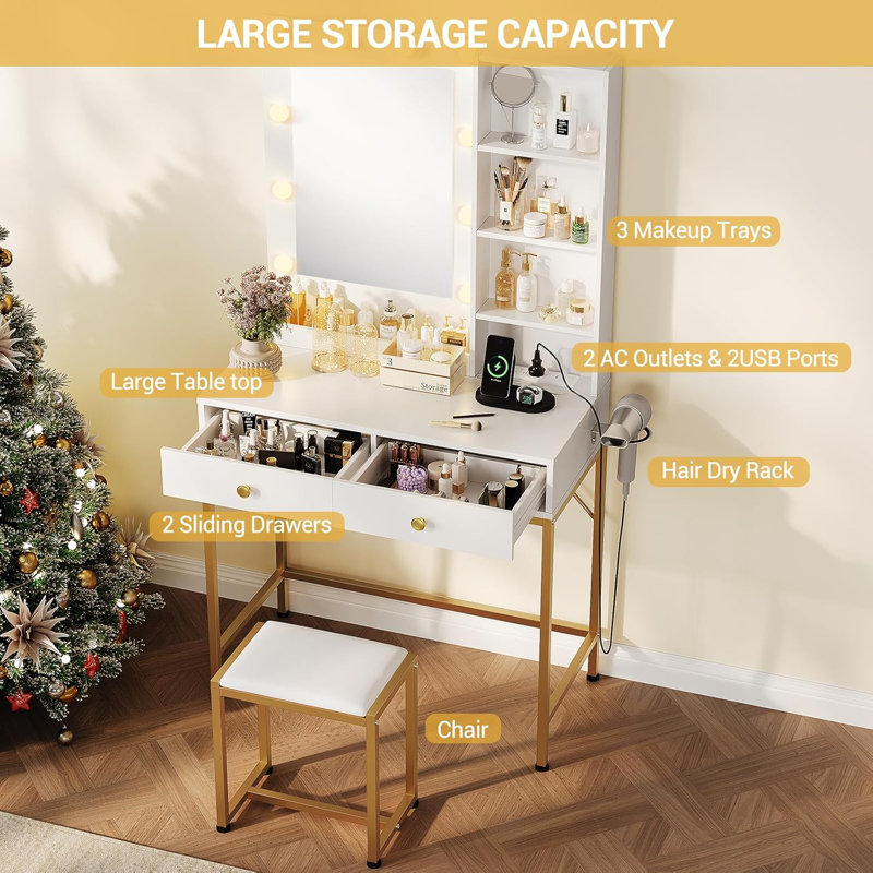 Vanity Desk with Mirror and Lights - Makeup Vanity Table with Chair and Charging Station - Makeup Vanity Set with 3 Lighting Color Adjustable Dressing Table for Bedroom - White