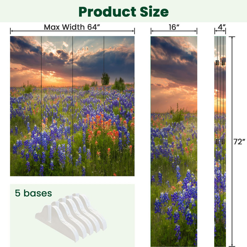 Cloison pliante 4 panneaux Royal Texas Bluebonnets Indian Paintbrush Wildflower Field, 4, H 71 po x l 64 po x P 1 po