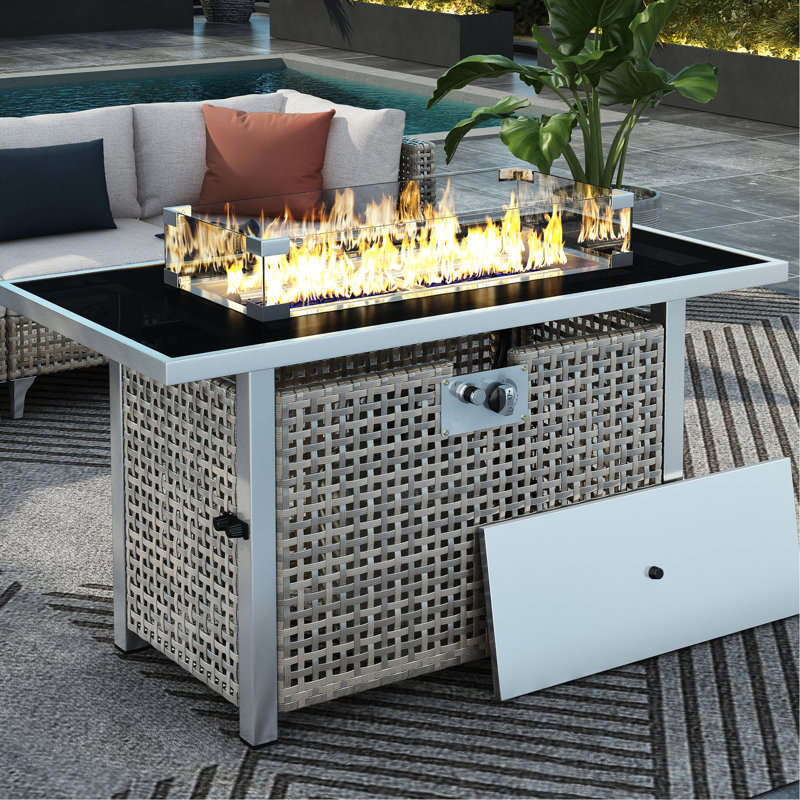43" Rectangular Grey Open Weave Propane Fire Pit Table, 60000 , With Blue Glass Stones, Tempered Wind Guard, And 20Lbs Storage For Outdoor Leisure Gas Removable - Rust Lid, Deck Use