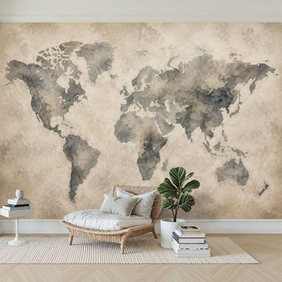 Wall Mural Peel and Stick Wallpaper Vintage Watercolor World Map Neutral Earth Tones Self-Adhesive Removable Contact Paper Wall Decor for Living Room Bedroom 100"H x 144"W