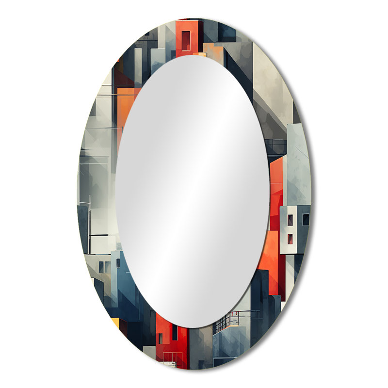 Motif de mur gris rayé cubique - décor de miroir mural gris ovale, H 36 po x l 24 po