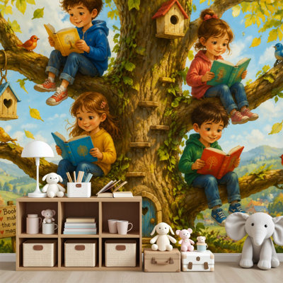 Peel and Stick Wallpaper Tree Knowledge Children Reading Autumn Setting Wall Murals 69"H x 96"W Removable PVC Wall Paper Self-Adhesive Wall Decor for Bedroom Living Room Home Office