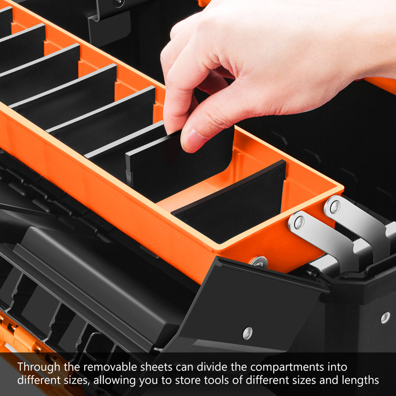 2-Layer Lockable Tool Box Plastic Portable Storage Folding Toolbox Tray Divider Tool Organizers, Black/Orange
