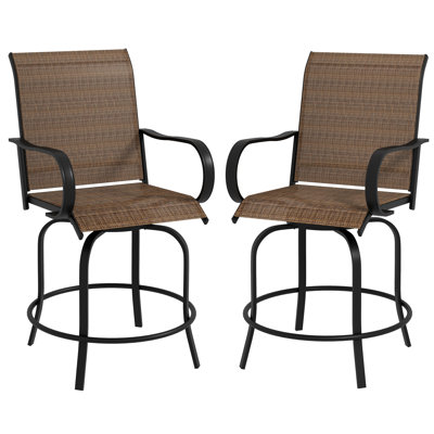 2 tabourets de bar près de la piscine, 360 chaises avec accoudoirs pivotants avec filet haut, structure en acier pour patio, balcon, brun clair de 2, tissu en filet et