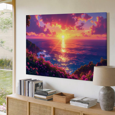 A Radiant Sunset Scene Over The Ocean Where The Glowing Orange And Pink Sky Reflects On Canvas Wall Art Premium Quality Ready To Hang