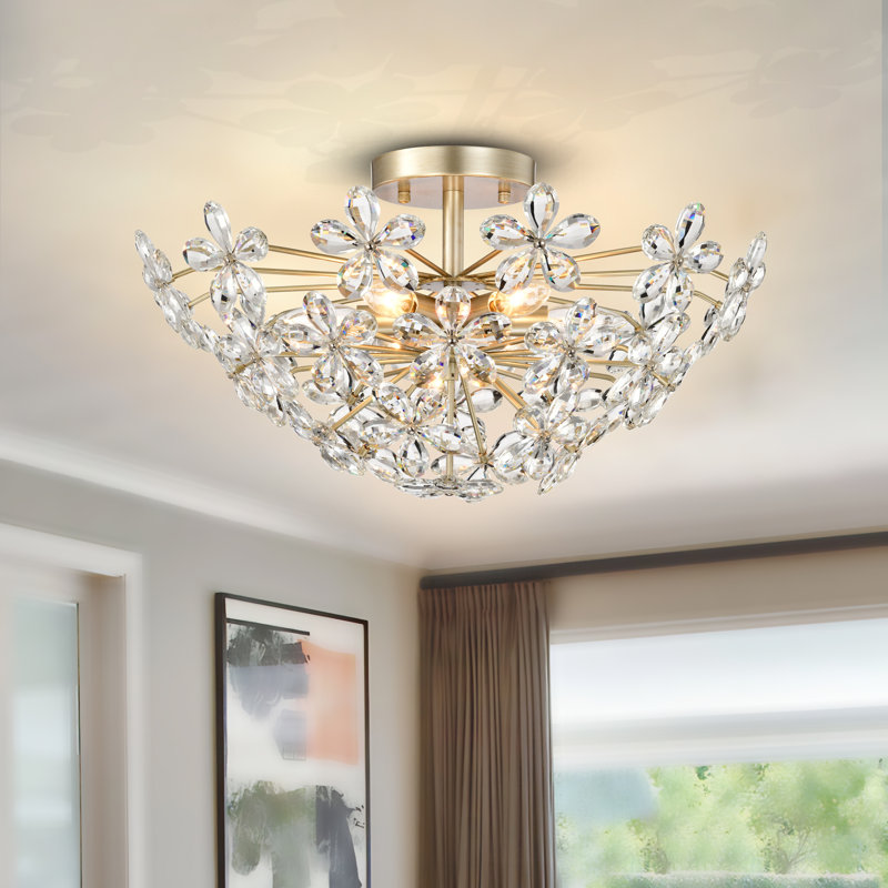 Jody 6-light 22.4" Brushed Silver-ish Champagne Ceiling Light Daisy Flower Crystal Flush Mount Chandelier