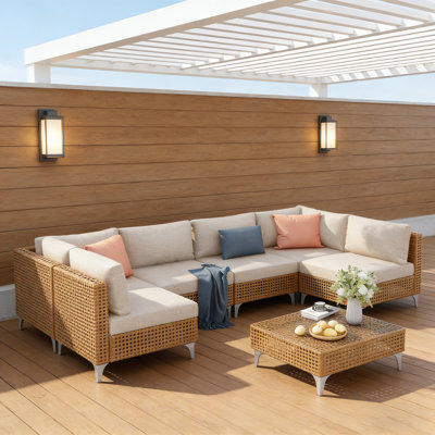 Ensemble de meubles de patio en osier 7 pièces avec coussins résistants aux rayons UV et table basse K&K