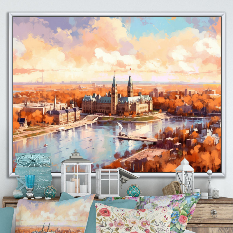 «Sunny On Ottawa River» sur toile, Cadre flottant blanc, H 16 po x l 32 po x P 1 po
