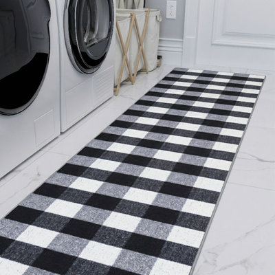 Homeline Non-Slip Rubberback Checkered Buffalo Plaid Indoor Runner Rug, Grayscale