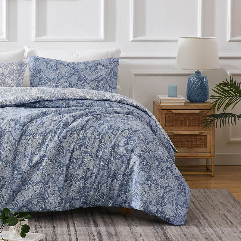 Paisley Blue Microfiber Twin/Twin XL Reversible Duvet Cover Set
