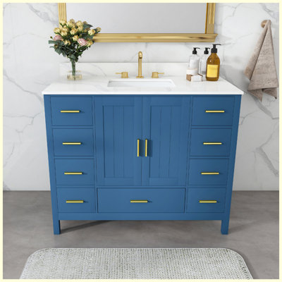 Meuble-lavabo moderne 42 po en bois massif blanc avec rangement à fermeture en douceur