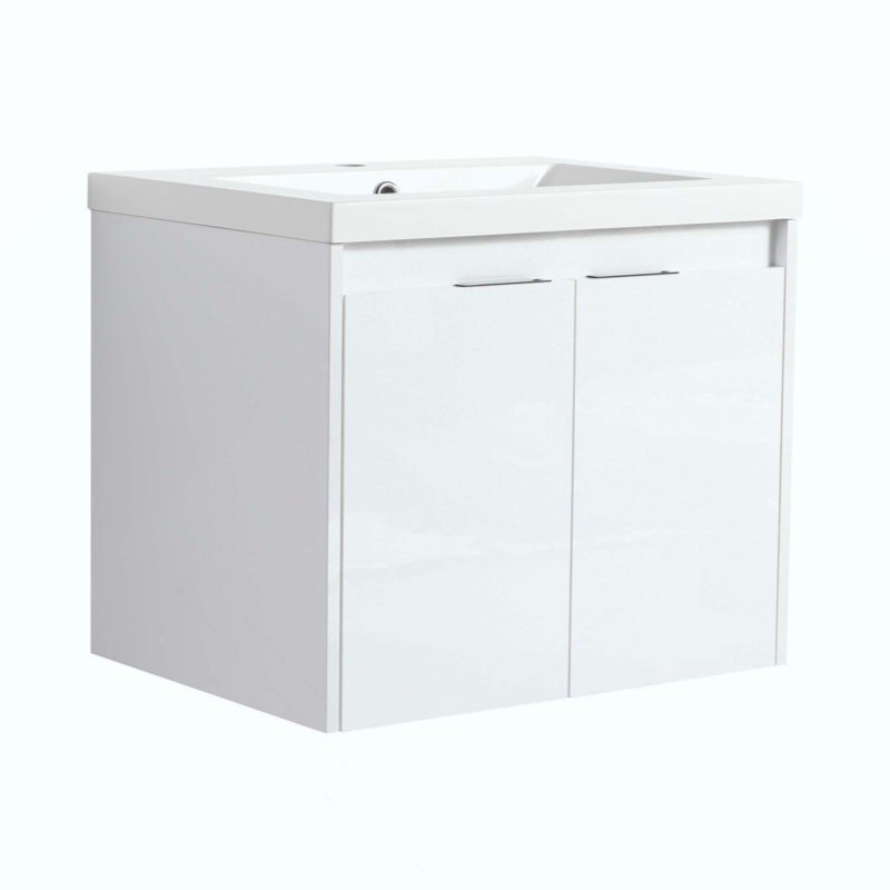 Meuble-lavabo de salle de bain avec lavabo en résine, 2 portes à fermeture douce et 1 armoire murale, conception à fixation flottante, contreplaqué