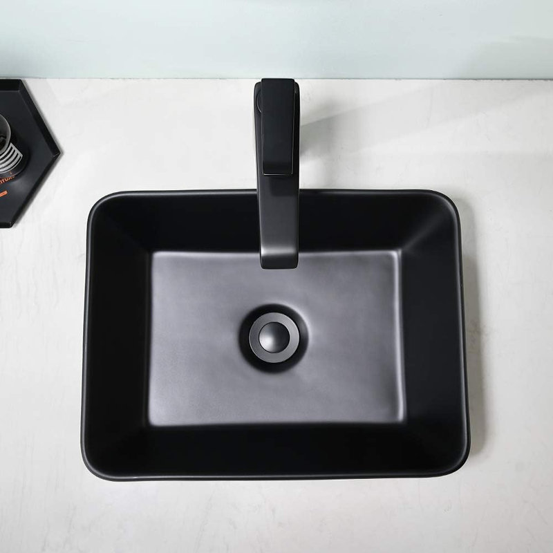 SOUEEUM 15'' Black Ceramic Rectangular Bathroom Sink