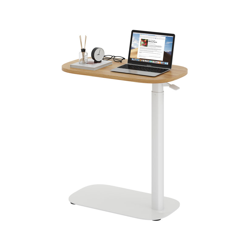 Adjustable Overbed Bedside Table Pneumatic Adjustable Height Laptop Computer with Tray, Natural/White