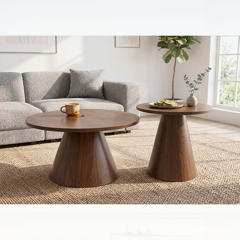 Ensemble de 2 tables basses rondes gigognes en bois de noyer moderne avec plateau résistant à l'eau et base en acier à transfert de chaleur, patins réglables pour les petits espaces