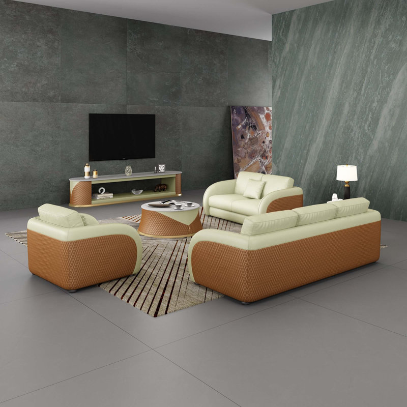 Noir 3 Piece Genuine Leather Living Room Set, Beige/Cognac Genuine Leather