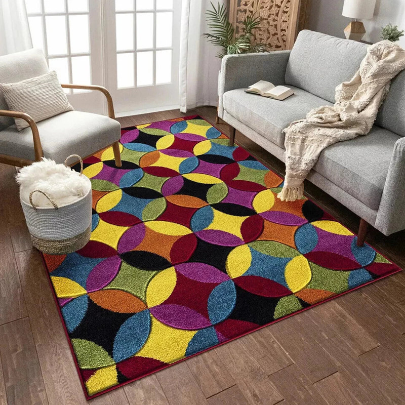 Bright Circle Design Modern Rug & Runner – Soft Pile, Easy Clean, High Density Carpet, Rectangle 200 x 290cm