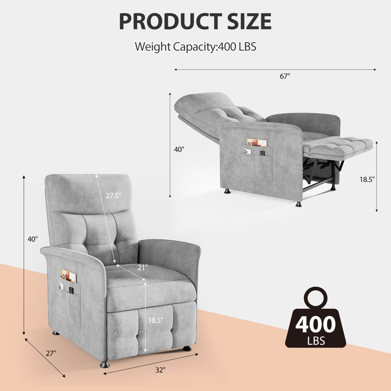 Power Recliner Chair for Adults with Heat & Massage - Electric Reclining Sofa with Remote Control, 3 Side Pockets, 180° Lay Flat Sleeper for Living Room Home Theater