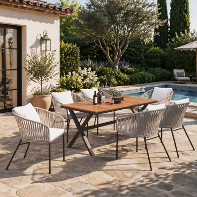 Ensemble repas 7 pièces toutes saisons avec table en bois d'acacia, structure en métal et chaises confortables pour le jardin et le balcon