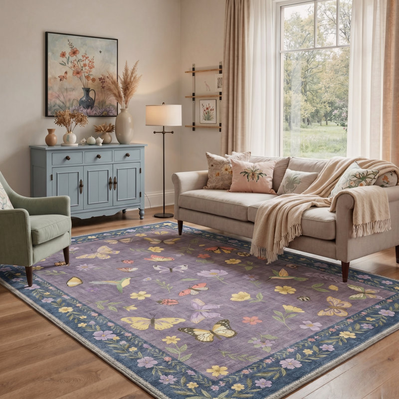 Tapis d'intérieur bleu / mauve / jaune Adonis Mirabelle lavable à la machine avec envers antidérapant, Rectangle 6 pi x 9 pi
