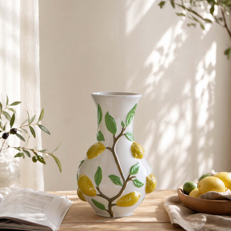 Vase en céramique blanc à relief de branches de citron en relief 3D, vase floral Bulbous brillant pour style de cuisine de campagne et de campagne