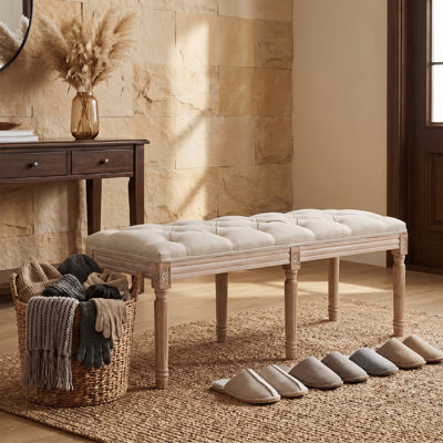 Banc de chambre à coucher, banc d'entrée touffeté de style français rétro, banc de bout de lit tapissier sculpté 47,2 po avec pieds en bois vieilli, repose-pieds en lin pour le salon, le vestibule, la salle à manger