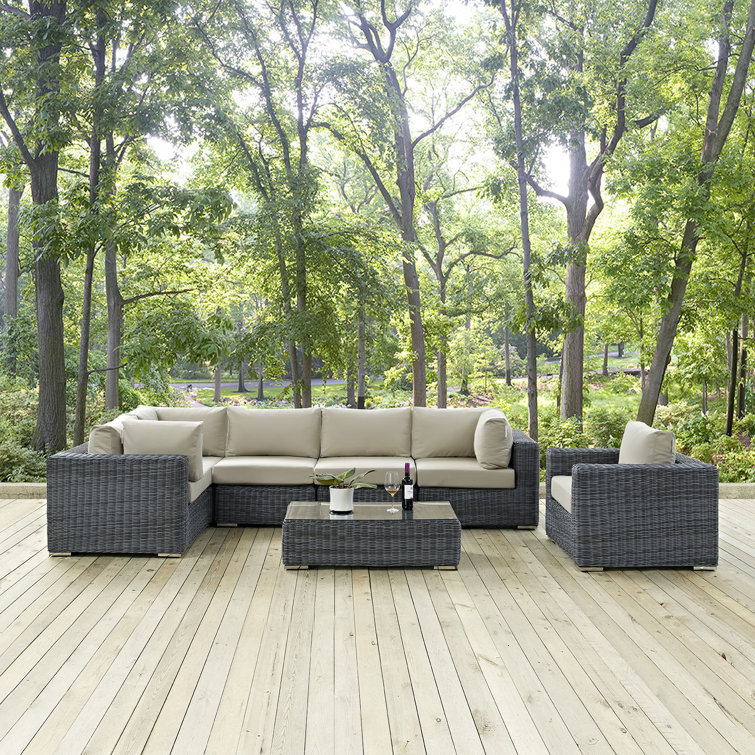 Ensemble modulaire d'extérieur 7 pièces avec coussins Sunbrella en toile bleu marine Summon par Modway
