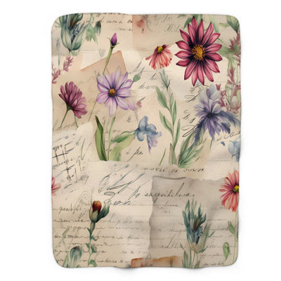 Floral Paper Montage - 1 Piece Premium Sherpa Blan Throw Blanket
