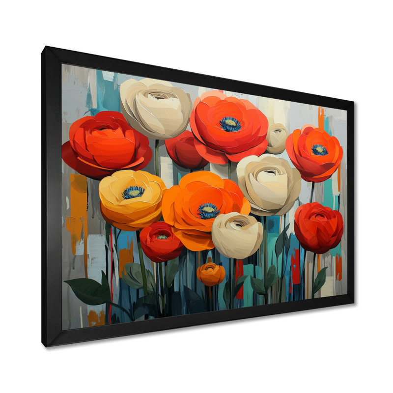 «Vibrant Garden of Ranunculus Flowers II», art mural Renoncule, Reproduction encadrée d'une seule photo, Noir