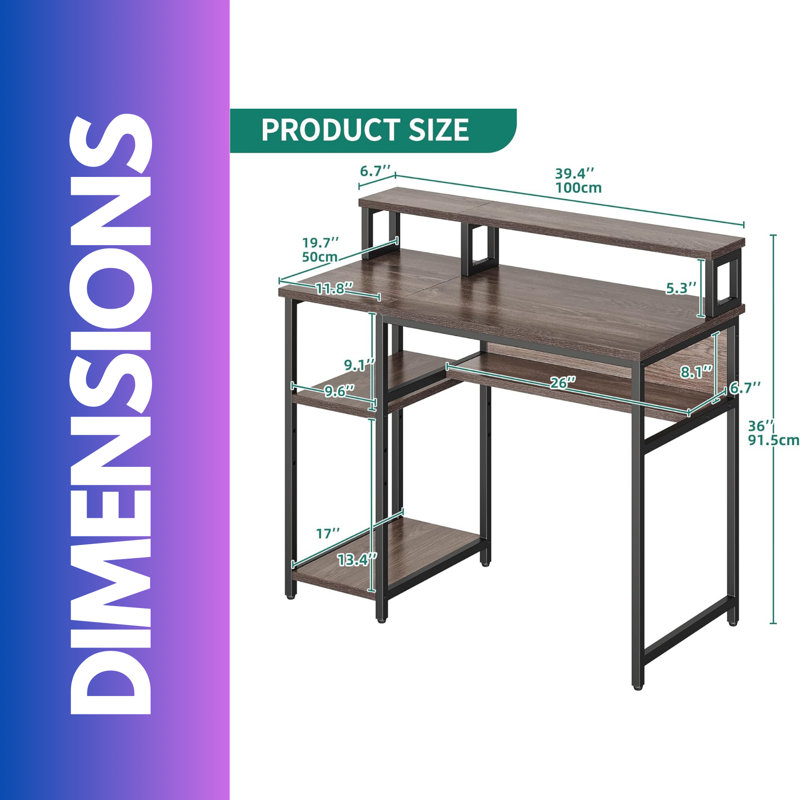 Industrial 100CM Computer Desk With Monitor Stand, Shelves And Drawer