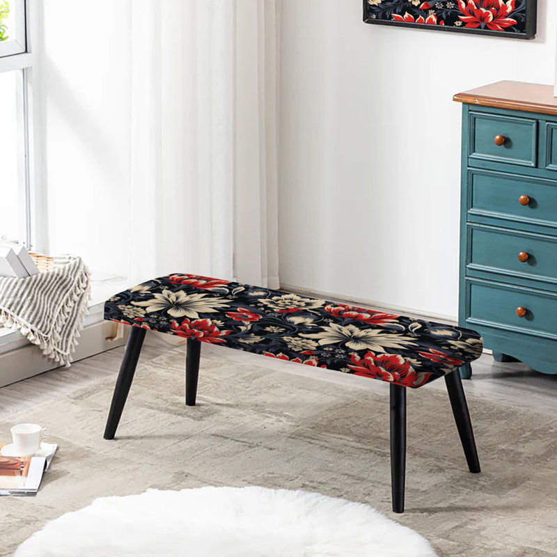 Red And Beige Ethnographic Damask Floral Motif - Damask Upholstered Black Bench