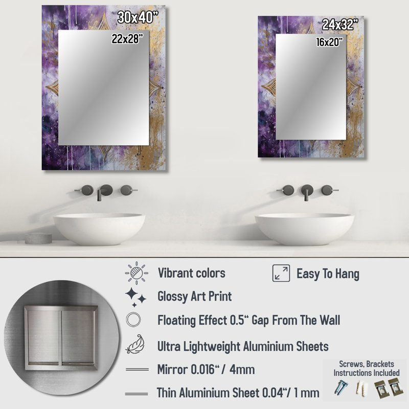 Purple And Gold Mandala I - Boho Mandala Unique Mirror, Traditional Large Wall Mirror, Printed Metal Art, 32" x 24"