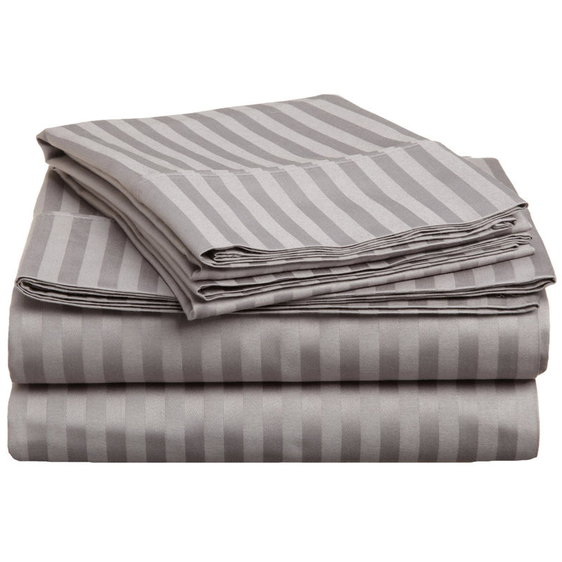 300 Thread Count Certified Egyptian Cotton Stripe Sheet Set, Ensemble de literie pour très grand lit divisé, Gris