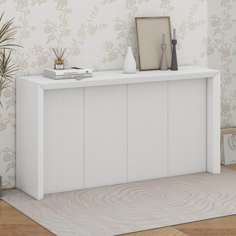 Wood Veneer Simple Entryway Table With Wavy Design, Beige